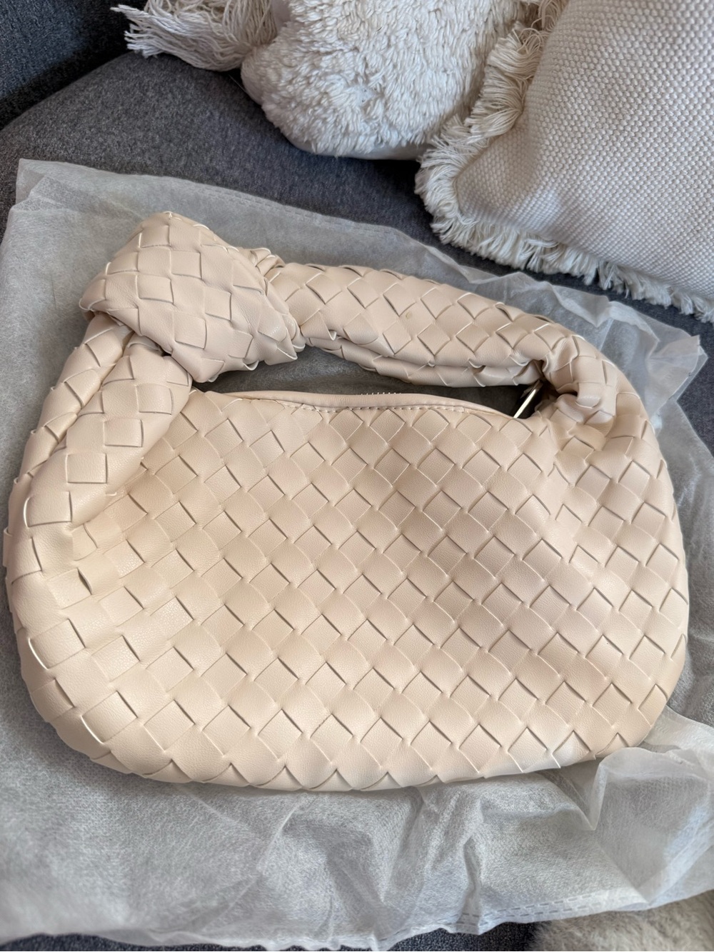 Amazon Woven Knot-Handle Hobo Bag in Light Beige